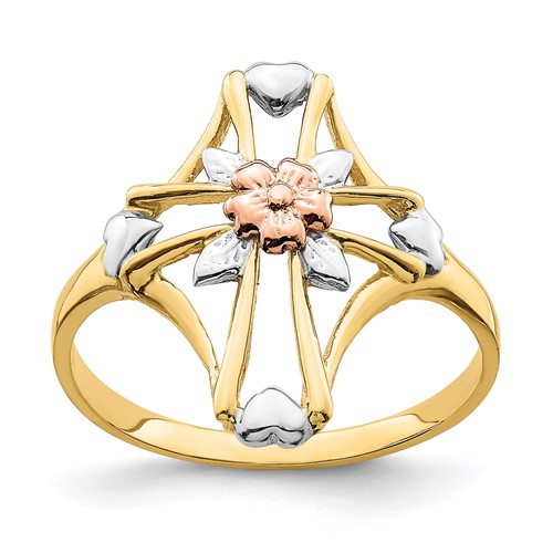 14K Two-tone Ring with White Rhodium Polished Cross with Flower