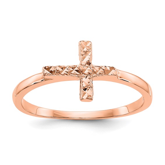 14k Rose Gold Polished and Diamond-cut Cross Ring