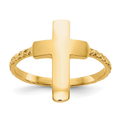 14K Yellow Gold Polished and Textured Cross Ring