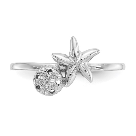 14k White Gold Polished Starfish and Sand Dollar Ring