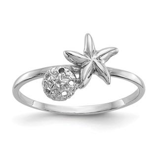14k White Gold Polished Starfish and Sand Dollar Ring