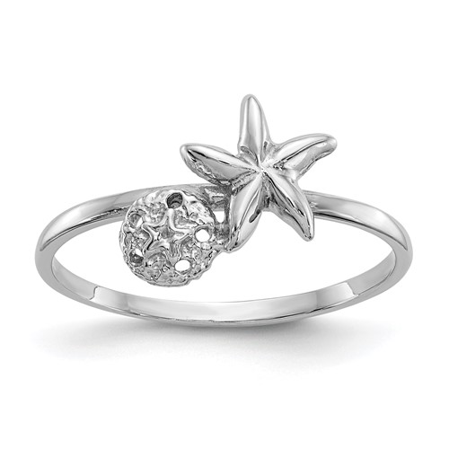 14K White Gold Polished Starfish and Sand Dollar Ring