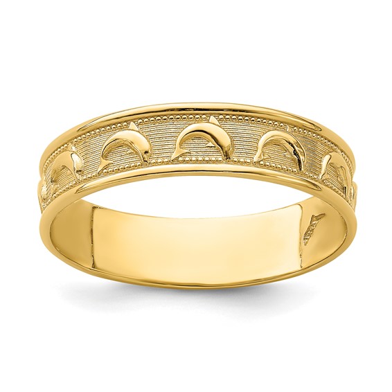 14K Polished and Textured Dolphin Engraved Size 8 Thumb Ring