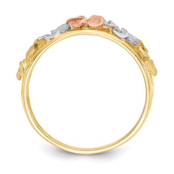 14k Two-tone with White Rhodium Satin and Polished Diamond-cut Plumeria Flowers Ring