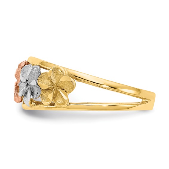 14k Two-tone with White Rhodium Satin and Polished Diamond-cut Plumeria Flowers Ring