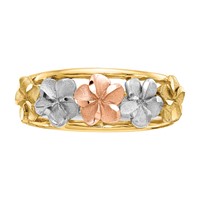 14K Two-tone Ring with White Rhodium Satin and Polished Diamond-cut Plumeria Flowers view 5