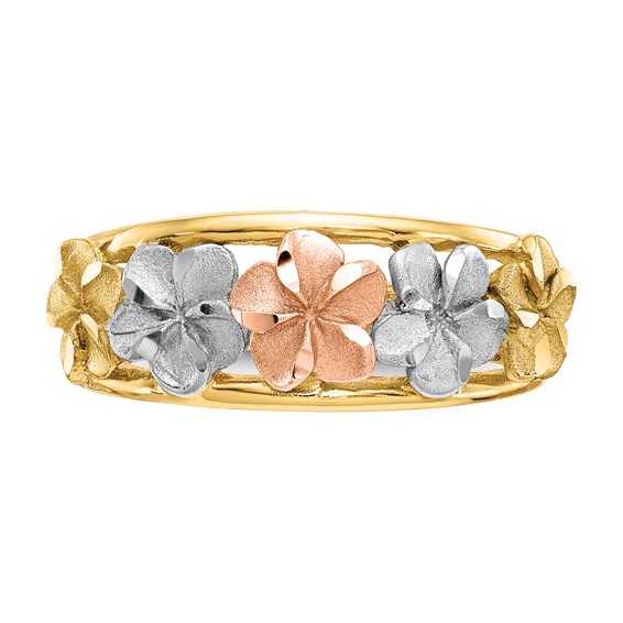 14k Two-tone with White Rhodium Satin and Polished Diamond-cut Plumeria Flowers Ring