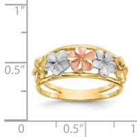 14K Two-tone Ring with White Rhodium Satin and Polished Diamond-cut Plumeria Flowers view 4