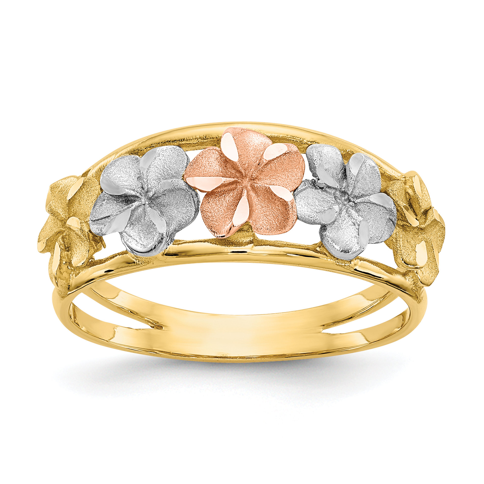 14k Two-Tone & Rhodium Satin/Polished D/C Flower Ring (K5772)