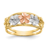 14K Two-tone Ring with White Rhodium Satin and Polished Diamond-cut Plumeria Flowers view 1