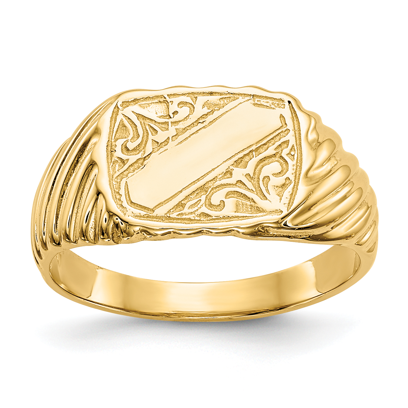 14K Gold Polished Baby Rectangle Signet w/Stripes Ring (K5791)