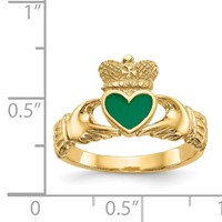 14K Yellow Gold Green Enamel Claddagh Ring view 3