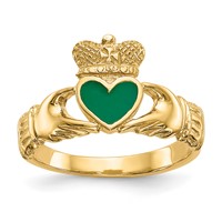 14K Yellow Gold Green Enamel Claddagh Ring view 1
