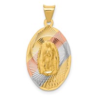 14K Pendant with Rose and White Rhodium Diamond-cut Solid Our Lady of Guadalupe Oval view 1