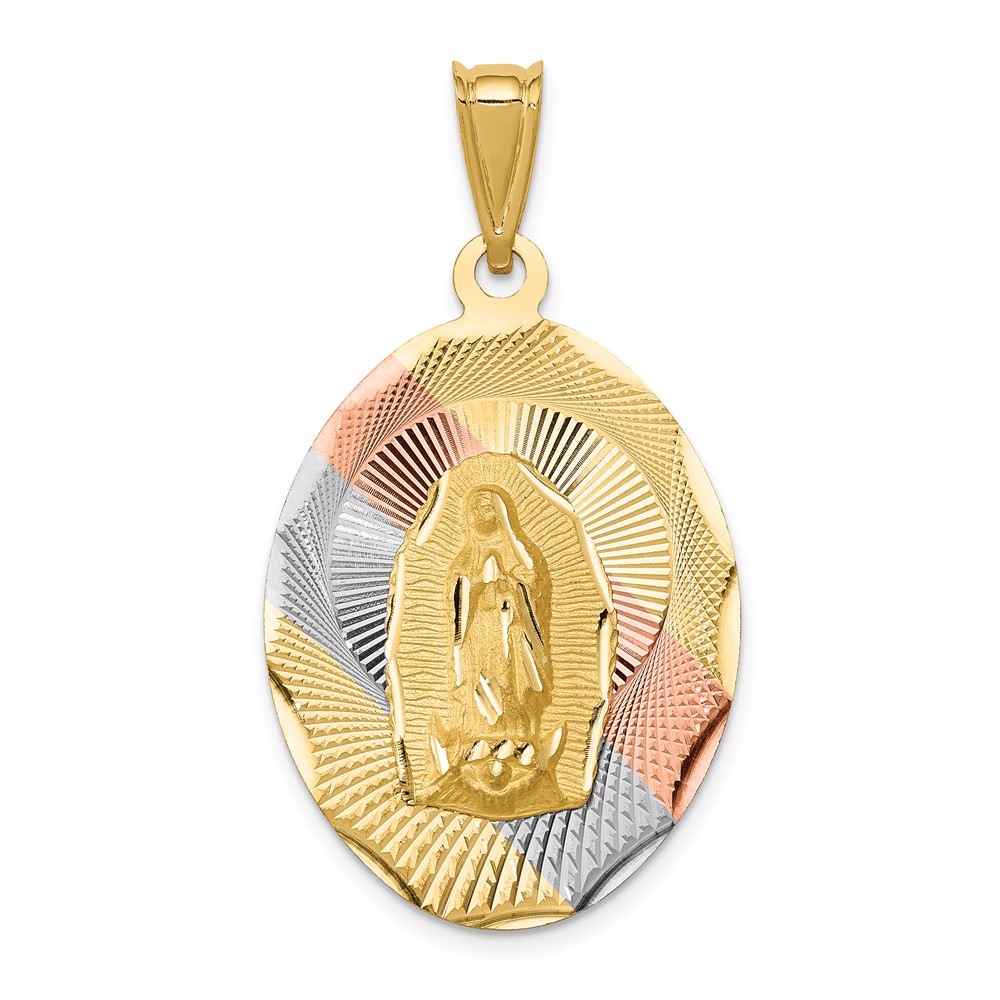 14K Pendant with Rose and White Rhodium Diamond-cut Solid Large Our Lady of Guadalupe Oval