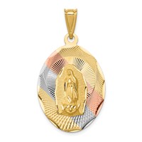14K Pendant with Rose and White Rhodium Diamond-cut Solid Large Our Lady of Guadalupe Oval view 1