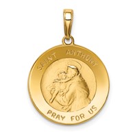 14K Yellow Gold Polished and Satin Solid Saint Anthony Small Round Medal Pendant view 1