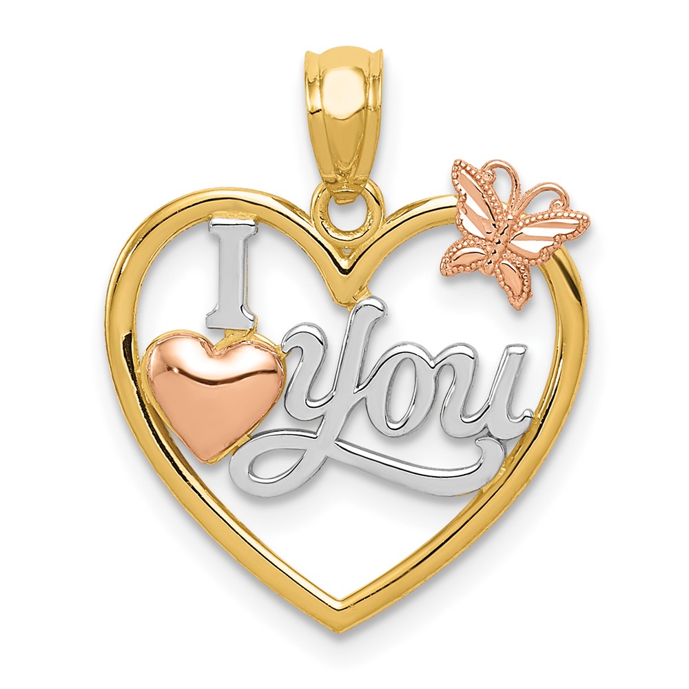14K Two-tone Pendant with White Rhodium I Love You Heart with Butterfly