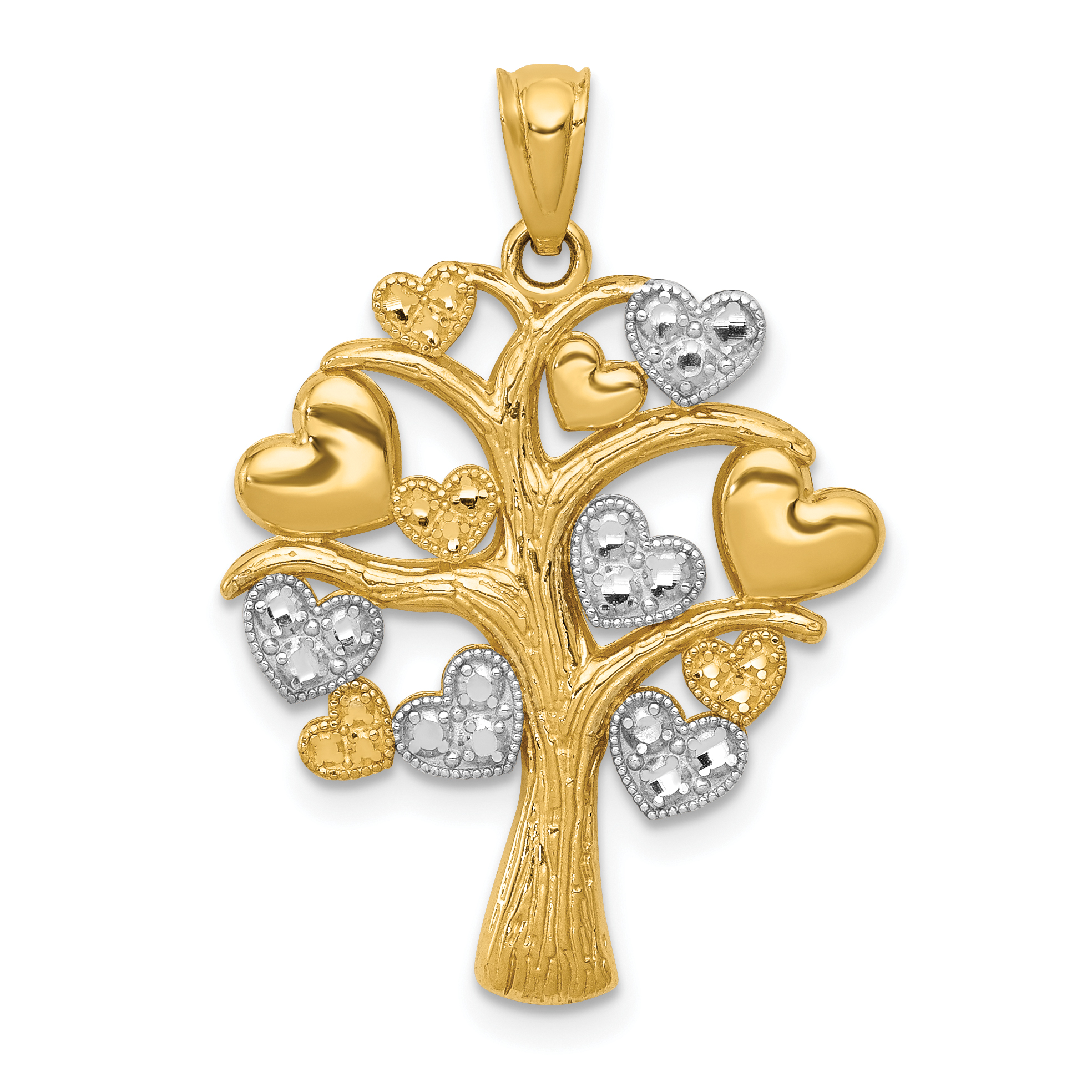 14K and White Rhodium Polished Hearts Tree Pendant (K5866)