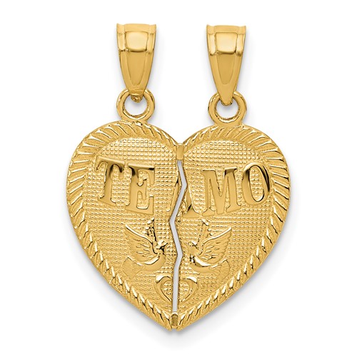 14K Yellow Gold Two-piece Break-Apart Diamond-cut TE Amo Heart Pendants