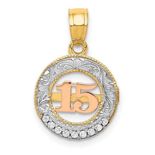 14k Two-tone with White Rhodium CZ 15 in Circle Pendant