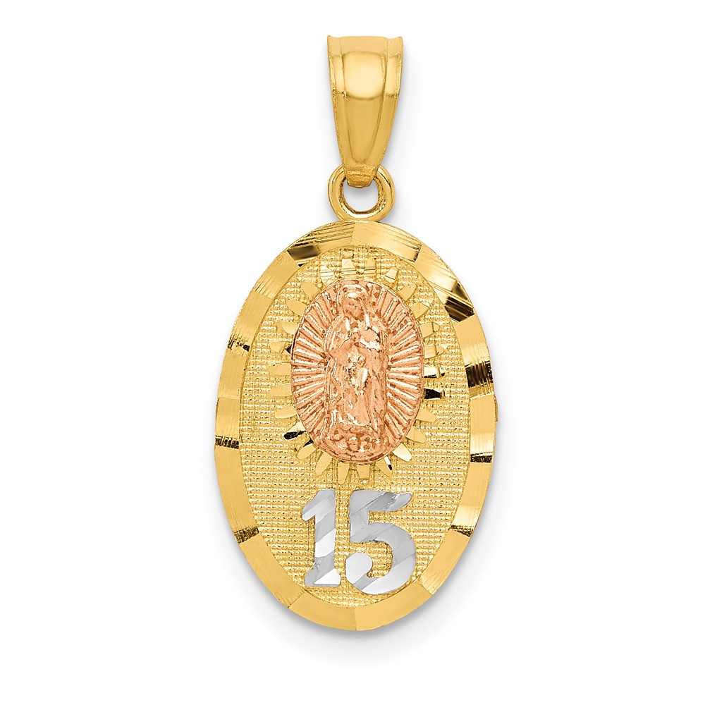 14K Two-tone Pendant with White Rhodium Diamond-cut Our Lady of Guadalupe with 15