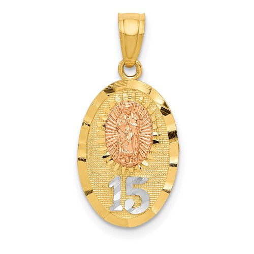 14K Two-tone Pendant with White Rhodium Diamond-cut Our Lady of Guadalupe with 15