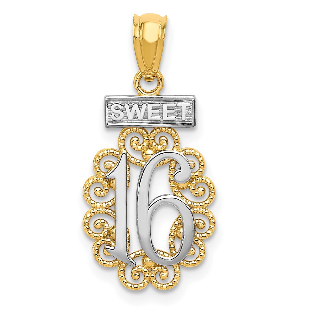 14K Pendant with White Rhodium Filigree Sweet 16