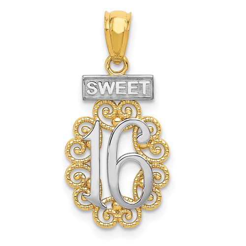14K Pendant with White Rhodium Filigree Sweet 16
