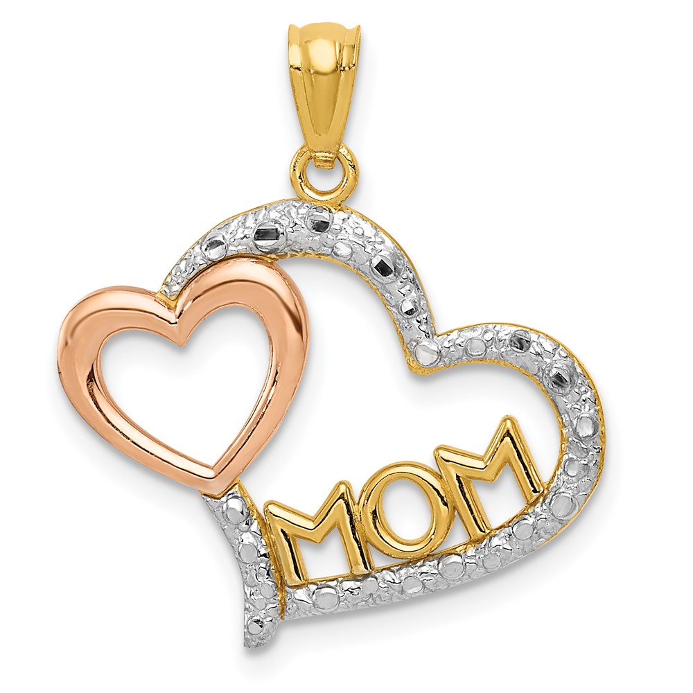 14K Two-tone Pendant with White Rhodium Diamond-cut Mom Heart
