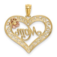 14K Two-tone Pendant with White Rhodium Diamond-cut Mom in Heart with Rose view 3