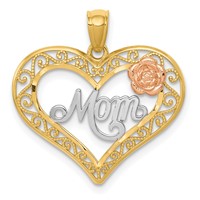 14K Two-tone Pendant with White Rhodium Diamond-cut Mom in Heart with Rose view 1