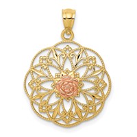 14K Two-tone Polished Rose in Round Filigree Charm view 1