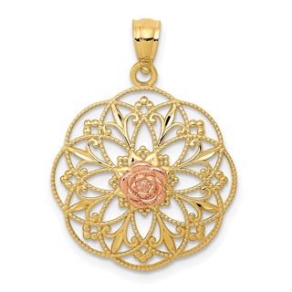 14k Two-tone Polished Rose in Round Filigree Charm