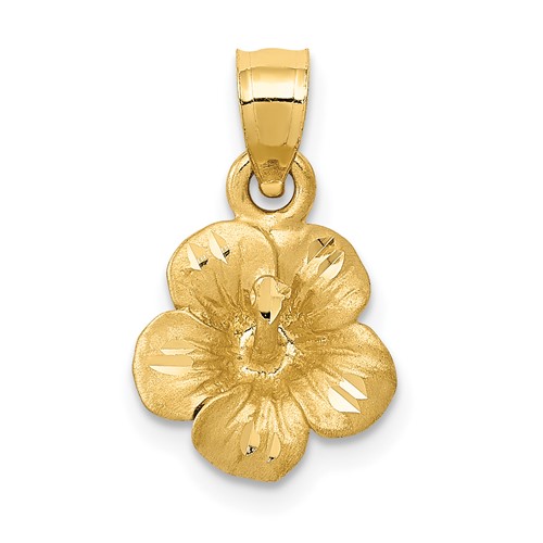 14K Yellow Gold Satin Diamond-cut Hibiscus Flower Pendant