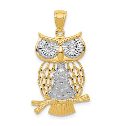 14K and White Rhodium Diamond-cut Polished Moveable Owl Pendant