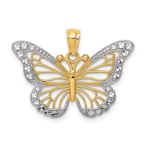 14K and White Rhodium Diamond-cut Polished Cut-out Butterfly Pendant