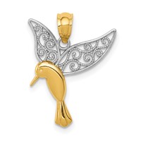 14K and White Rhodium Polished Hummingbird Pendant with Filigree Wings view 1