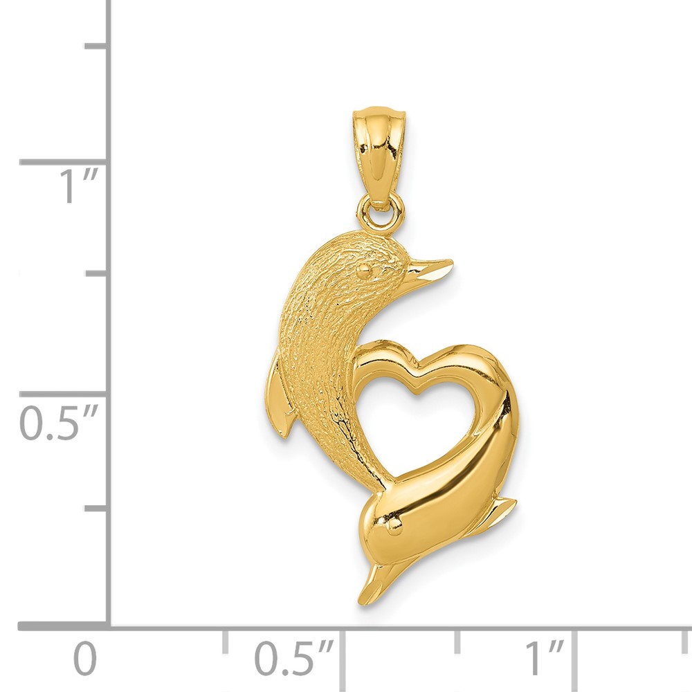 14K D/C Satin and Polished Dolphins Heart Pendant (K6026)