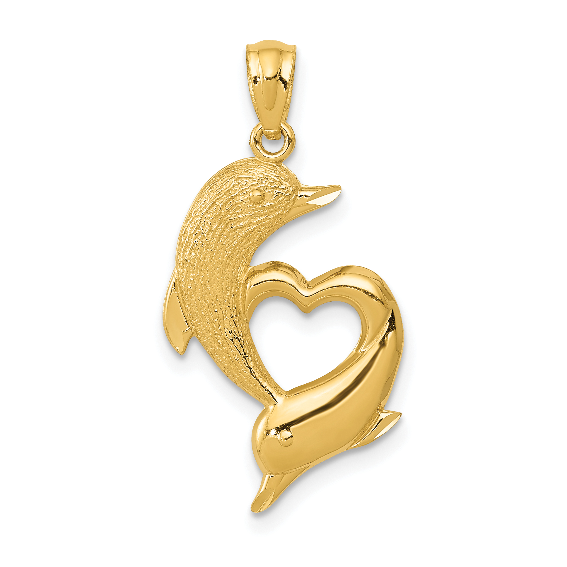 14K D/C Satin and Polished Dolphins Heart Pendant (K6026)