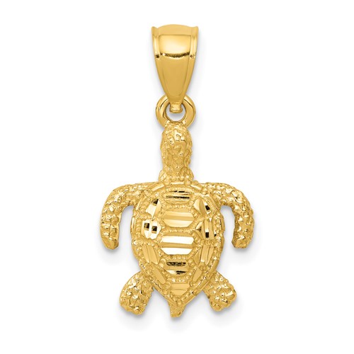 14K Yellow Gold Polished and Textured Diamond-cut Sea Turtle Pendant