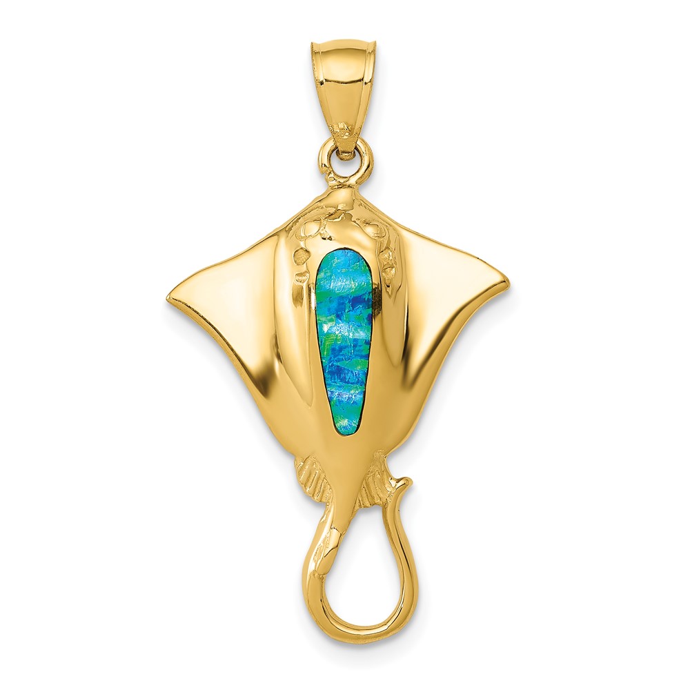 14K Polished Lab Created Blue Opal Stingray Pendant