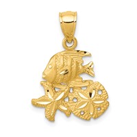 14K Yellow Gold Satin Diamond-cut Fish, Starfish and Sand Dollar Pendant view 1