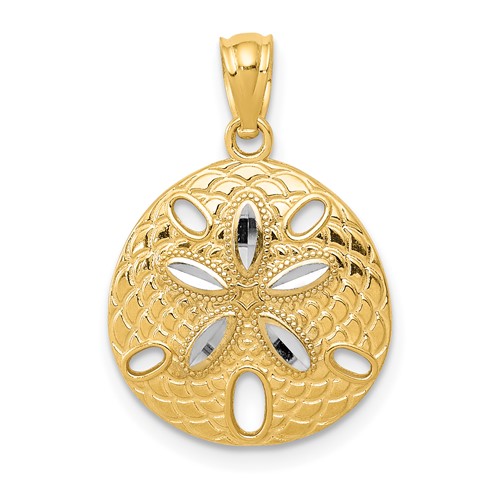 14K and White Rhodium Diamond-cut Polished Sand Dollar Pendant