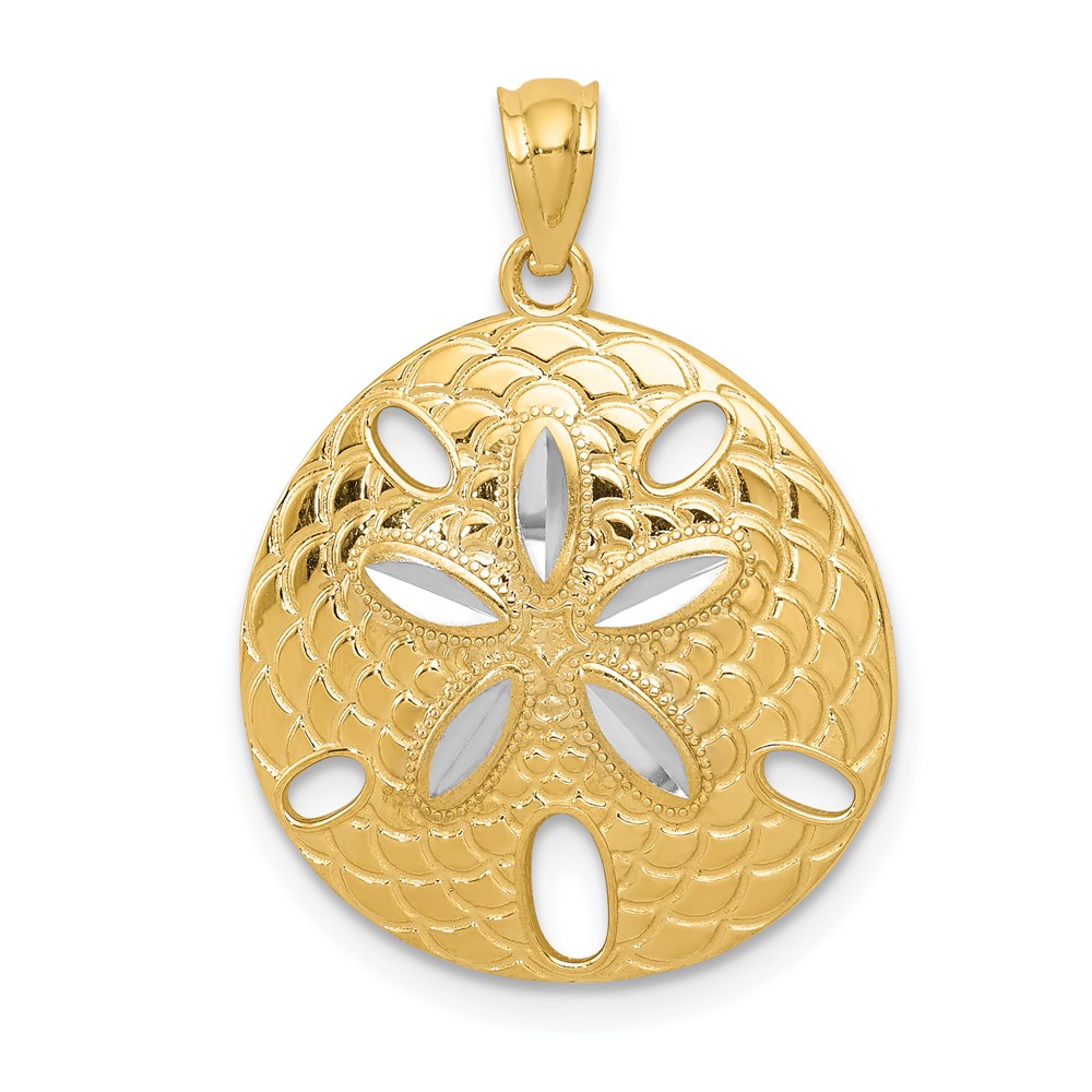 14K Pendant with White Rhodium Diamond-cut Polished Sand Dollar