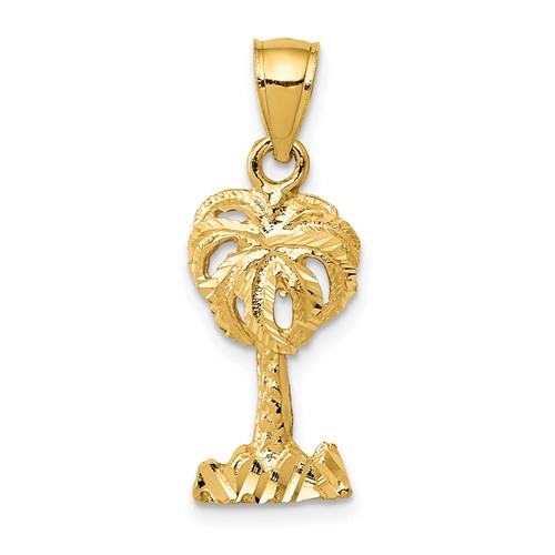 14K Yellow Gold Polished Diamond-cut Palm Tree Pendant