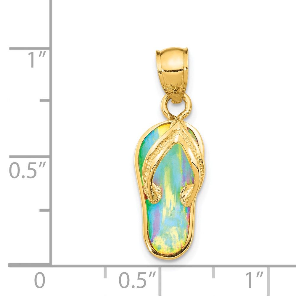 14k Polished 3D w/Created White Opal Flip Flop Pendant (K6089)