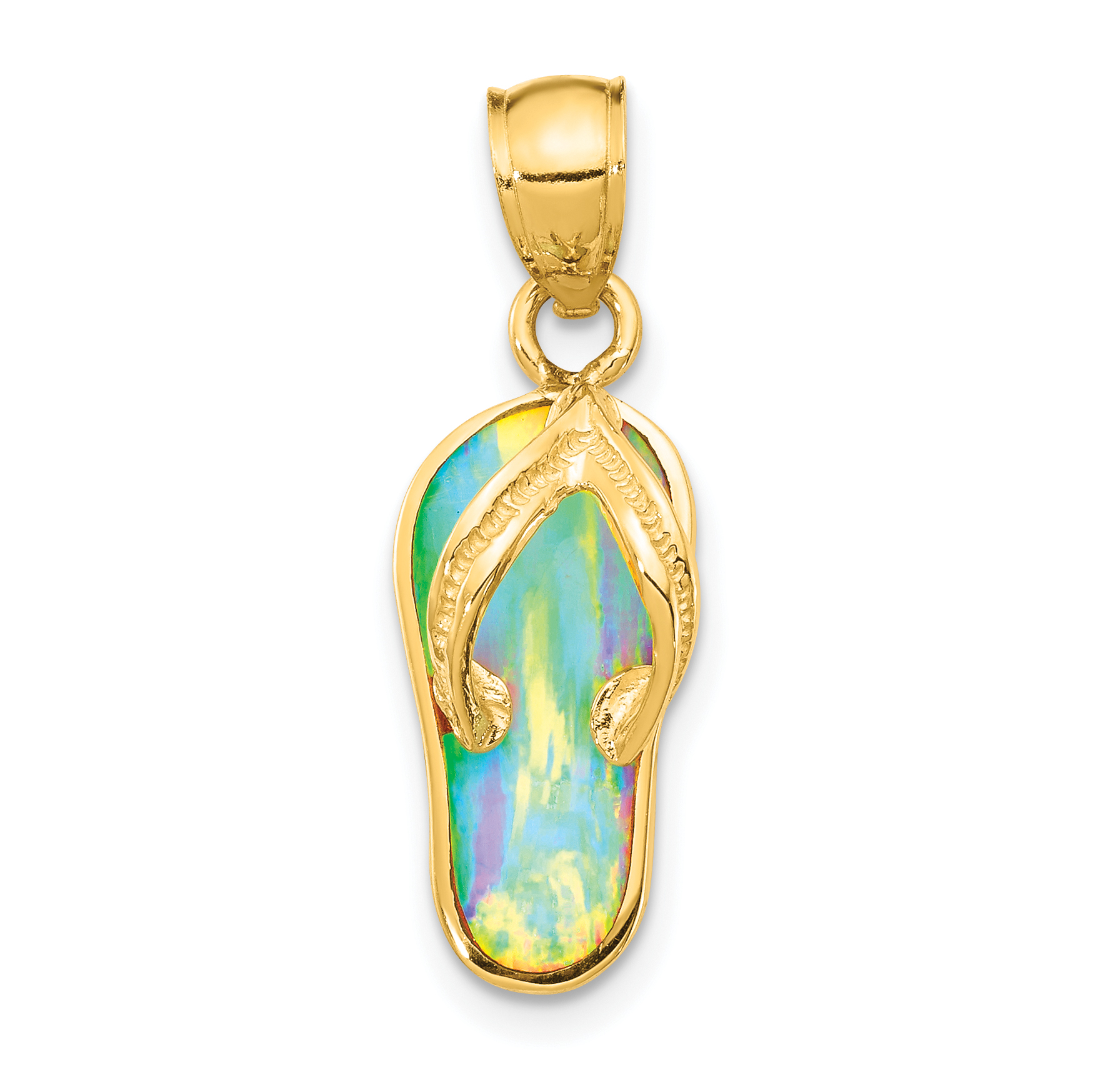 14k Polished 3D w/Created White Opal Flip Flop Pendant (K6089)
