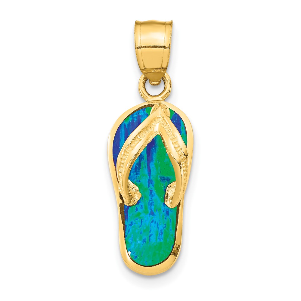 14K Yellow Gold Polished 3-D Lab Created Blue Opal Flip Flop Pendant