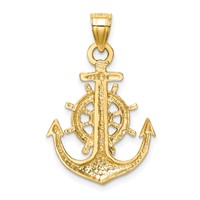 14K Yellow Gold Satin Diamond-cut Anchor and Ships Wheel Pendant view 3